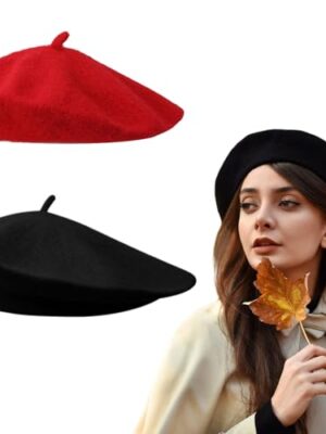 XNIVUIS 2 Pcs French Beret, Unisex, One Size (Black, Red)