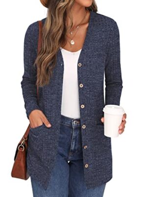 GRECERELLE Women's Long Sleeve V Neck Cardigan with Pocket