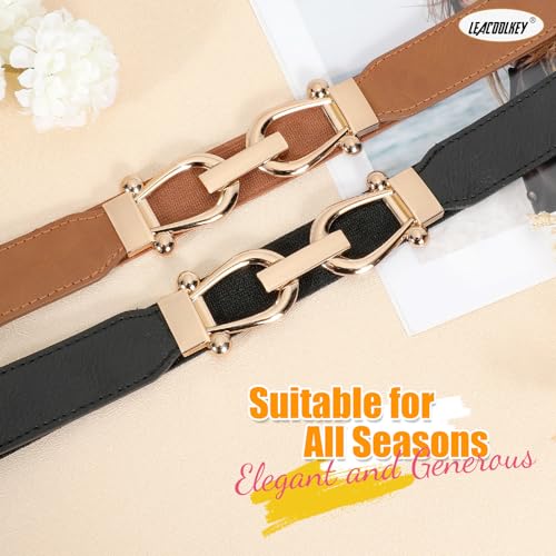 LEACOOLKEY Women Skinny Elastic Belt with Gold Buckle