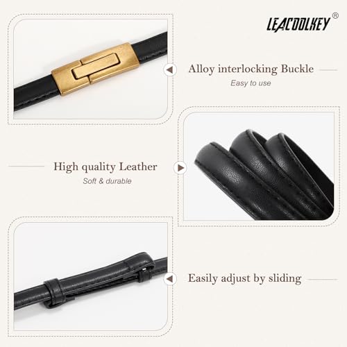 LEACOOLKEY 2 Pack Women Skinny Leather Belts with Gold Buckle
