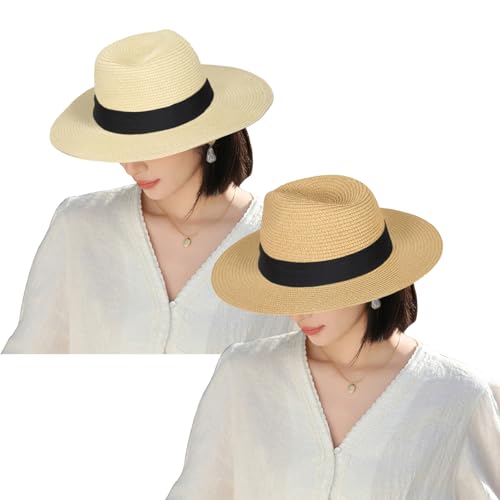 KXF 2 Pack Unisex Wide Brim Straw Sun Hat, Adjustable