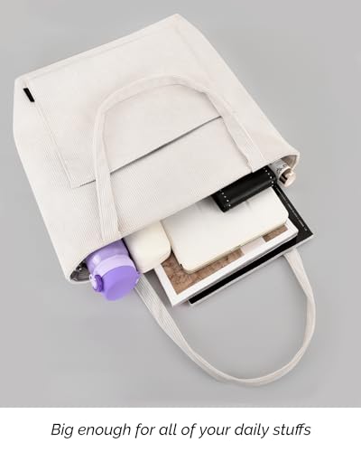 Prite Corduroy Tote Bag for Women with Zipper-Beige