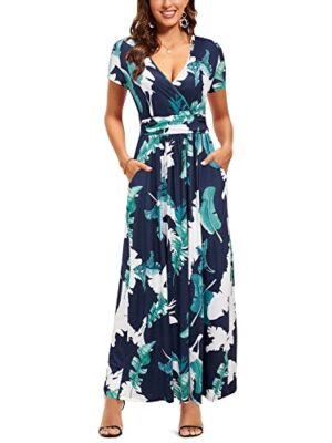 OUGES Women's Maxi Dress V Neck Short/Long Sleeve with Pockets