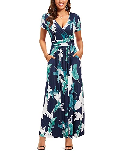 OUGES Women's Maxi Dress V Neck Short/Long Sleeve with Pockets
