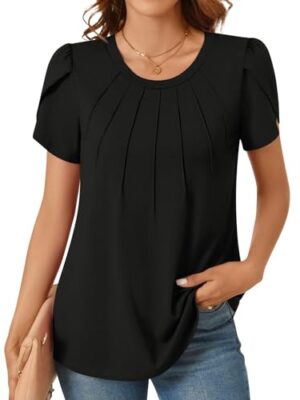 Anyhold Women's Summer Petal Sleeve Pleated Blouse