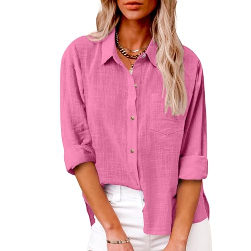 Linen Button Down Shirts for Women, Long Sleeve, S-5XL