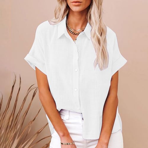 LUSHAasd Women's Cotton Linen Casual Button Down Shirt