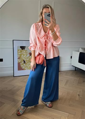 YILEEGOO Women's Tie Front Peplum Lantern Sleeve Blouse