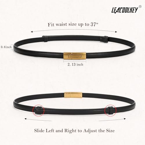 LEACOOLKEY 2 Pack Women Skinny Leather Belts with Gold Buckle