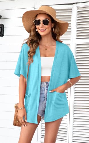 Wiwclo Women Lake Blue Short Sleeve Kimono Cardigan