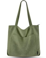 Prite Corduroy Tote Bag for Women with Zipper - Green