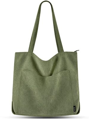 Prite Corduroy Tote Bag for Women with Zipper - Green