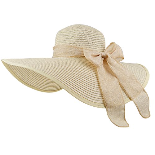 DRESHOW Womens Big Bowknot Foldable Straw Sun Hat UPF 50+