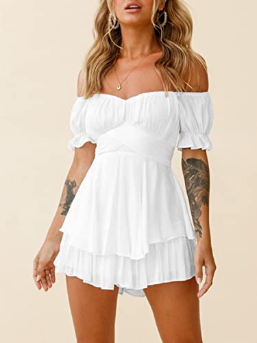 Women Puff Sleeve Square Neck Off Shoulder Romper