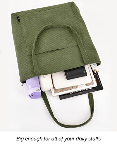 Prite Corduroy Tote Bag for Women with Zipper - Green