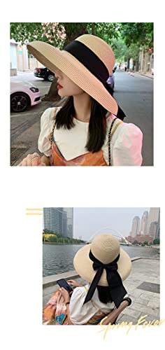 Qchomee Women Wide Brim Straw Hat with Bow, Beige