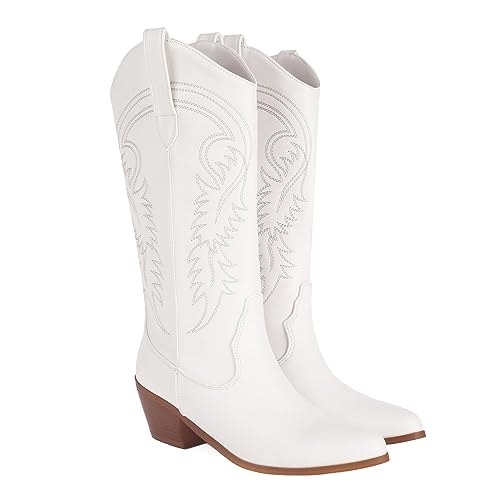 COOLCEPT Embroidered Mid Calf Cowboy Boots