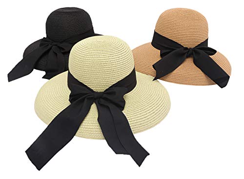 Qchomee Women Wide Brim Straw Hat with Bow, Beige