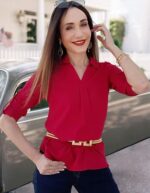 Odosalii Womens V Neck Tunic Blouse with Rolled Sleeves