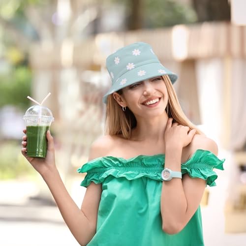 2 Pcs Reversible Cotton Bucket Hat, Daisies Print, Black/Green