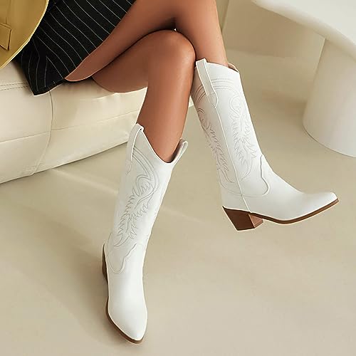 COOLCEPT Embroidered Mid Calf Cowboy Boots