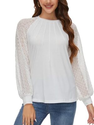 WUDODO Women's Long-Sleeved Lace Top, Round Neck, Elegant