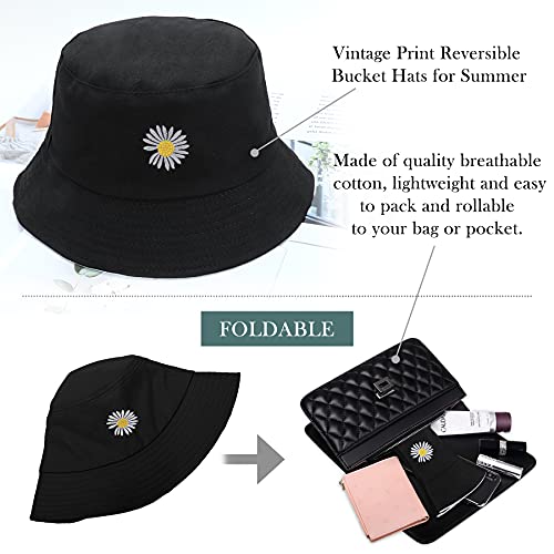 Daisy Embroidery Reversible Cotton Bucket Hat - Women