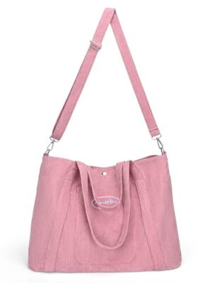 Cidumoa Pink Corduroy Tote Bag with Zipper, Large Capacity