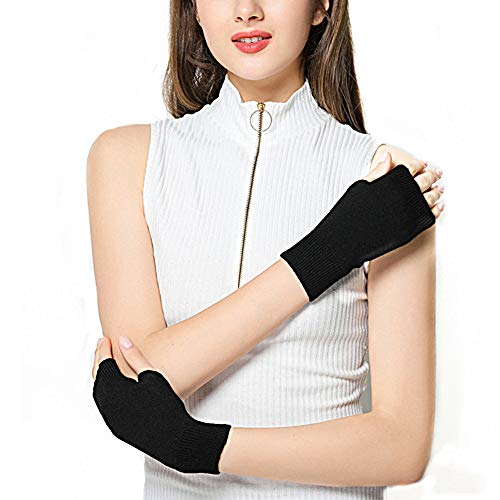 Zngou Cashmere Fingerless Gloves, Wrist Warmers, Black/Grey