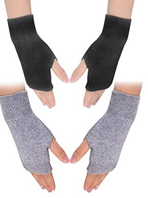 Zngou Cashmere Fingerless Gloves, Wrist Warmers, Black/Grey