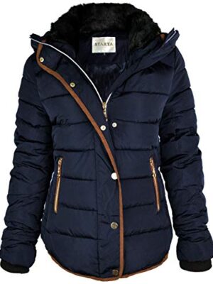 Ladies Quilted Winter Puffer Coat with Faux Fur Hood