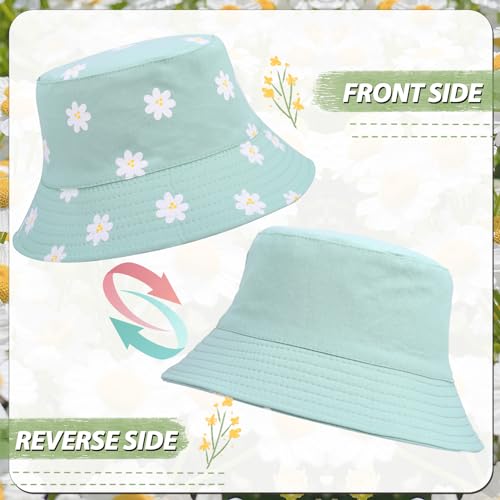 2 Pcs Reversible Cotton Bucket Hat, Daisies Print, Black/Green