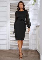 JASAMBAC Women's Bodycon Dress with Belt, Swiss Dot Sleeves