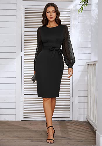 JASAMBAC Women's Bodycon Dress with Belt, Swiss Dot Sleeves