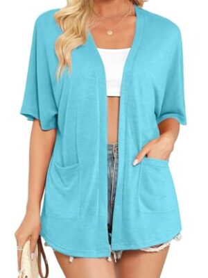 Wiwclo Women Lake Blue Short Sleeve Kimono Cardigan