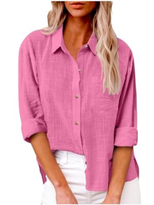 Linen Button Down Shirts for Women, Long Sleeve, S-5XL