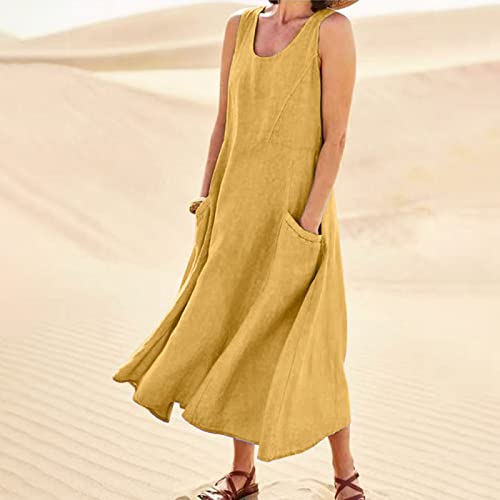 Skang Women's Cotton Linen Maxi Dress with Pockets