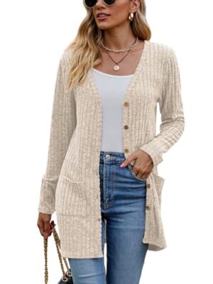 Famulily Women's Long Sleeve V Neck Cardigan with Pockets