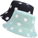 2 Pcs Reversible Cotton Bucket Hat, Daisies Print, Black/Green