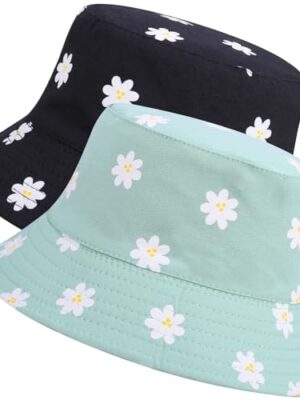 2 Pcs Reversible Cotton Bucket Hat, Daisies Print, Black/Green