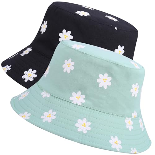 2 Pcs Reversible Cotton Bucket Hat, Daisies Print, Black/Green