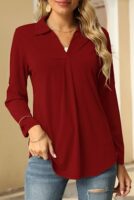 Odosalii Womens V Neck Tunic Blouse with Rolled Sleeves