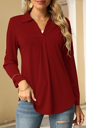 Odosalii Womens V Neck Tunic Blouse with Rolled Sleeves