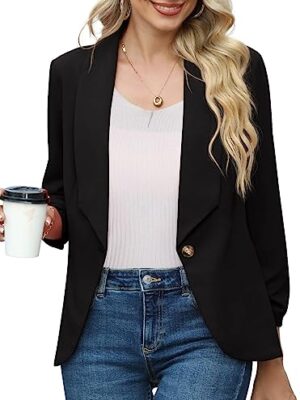 PrinStory Womens 3/4 Sleeve Open Front Blazer Jacket