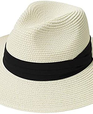 DRESHOW Women Straw Panama Fedora Beach Hat UPF 50+
