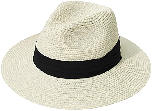 DRESHOW Women Straw Panama Fedora Beach Hat UPF 50+
