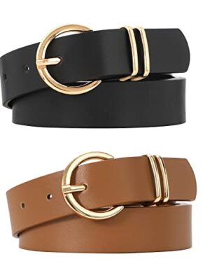 JASGOOD Women's Leather Belts, Gold Buckle, 2 Pack