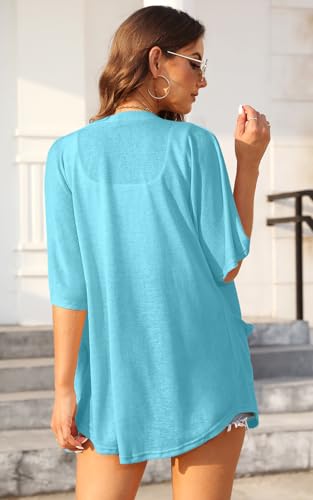 Wiwclo Women Lake Blue Short Sleeve Kimono Cardigan