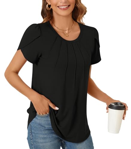 Anyhold Women's Summer Petal Sleeve Pleated Blouse