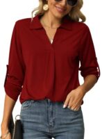 Odosalii Womens V Neck Tunic Blouse with Rolled Sleeves